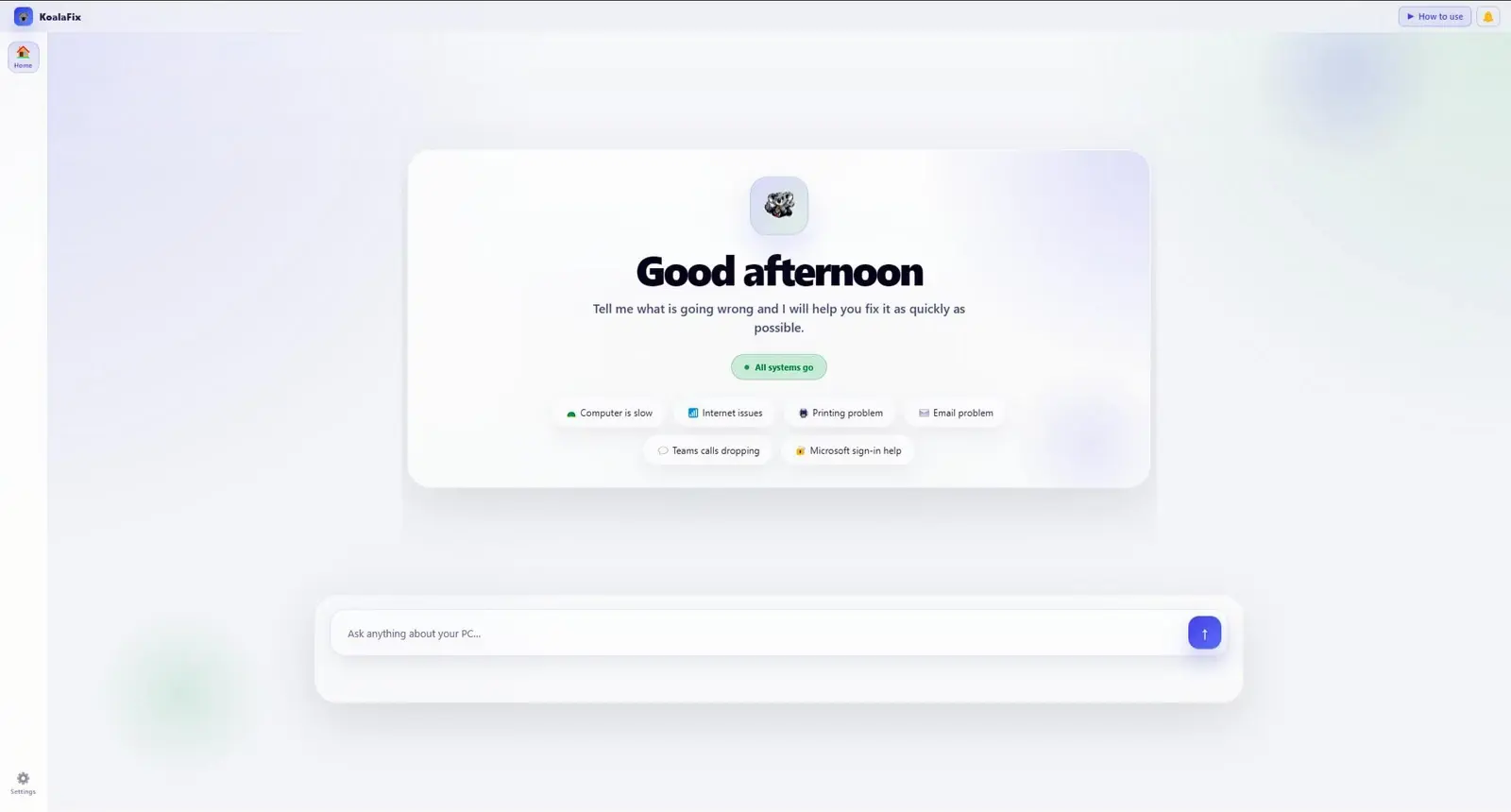 KoalaFix desktop app — the chat interface where your team can ask for help, plus the background diagnostics view.